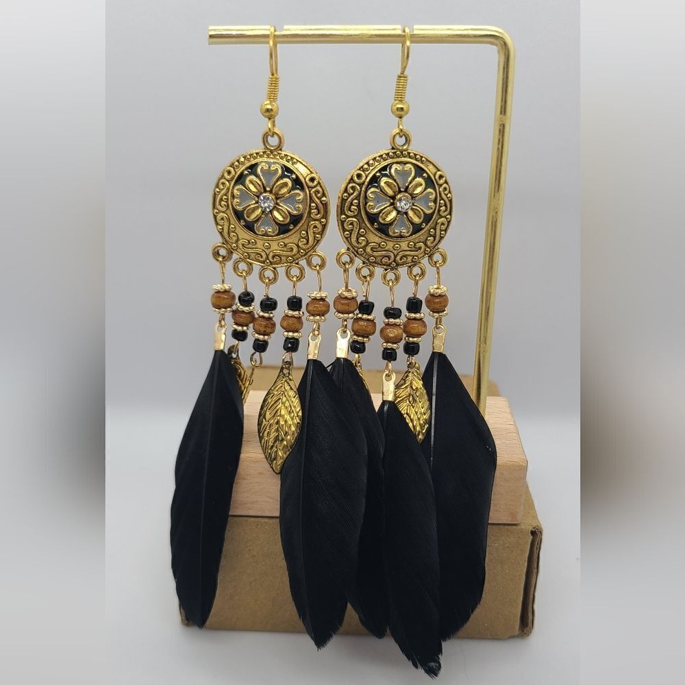 Black Boho Feather Tassel Floral Beaded Dangle Earrings Tribal Native Gypsy New - Picture 4 of 7